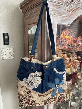 Denim Patchwork Floral Tote Bag in Blue and Cream
